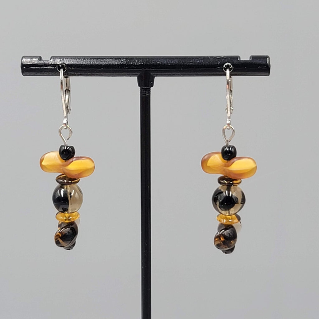 Glass Bead Pierced Earrings Variegated Browns Leverback Dangle Silver tone 1.25"