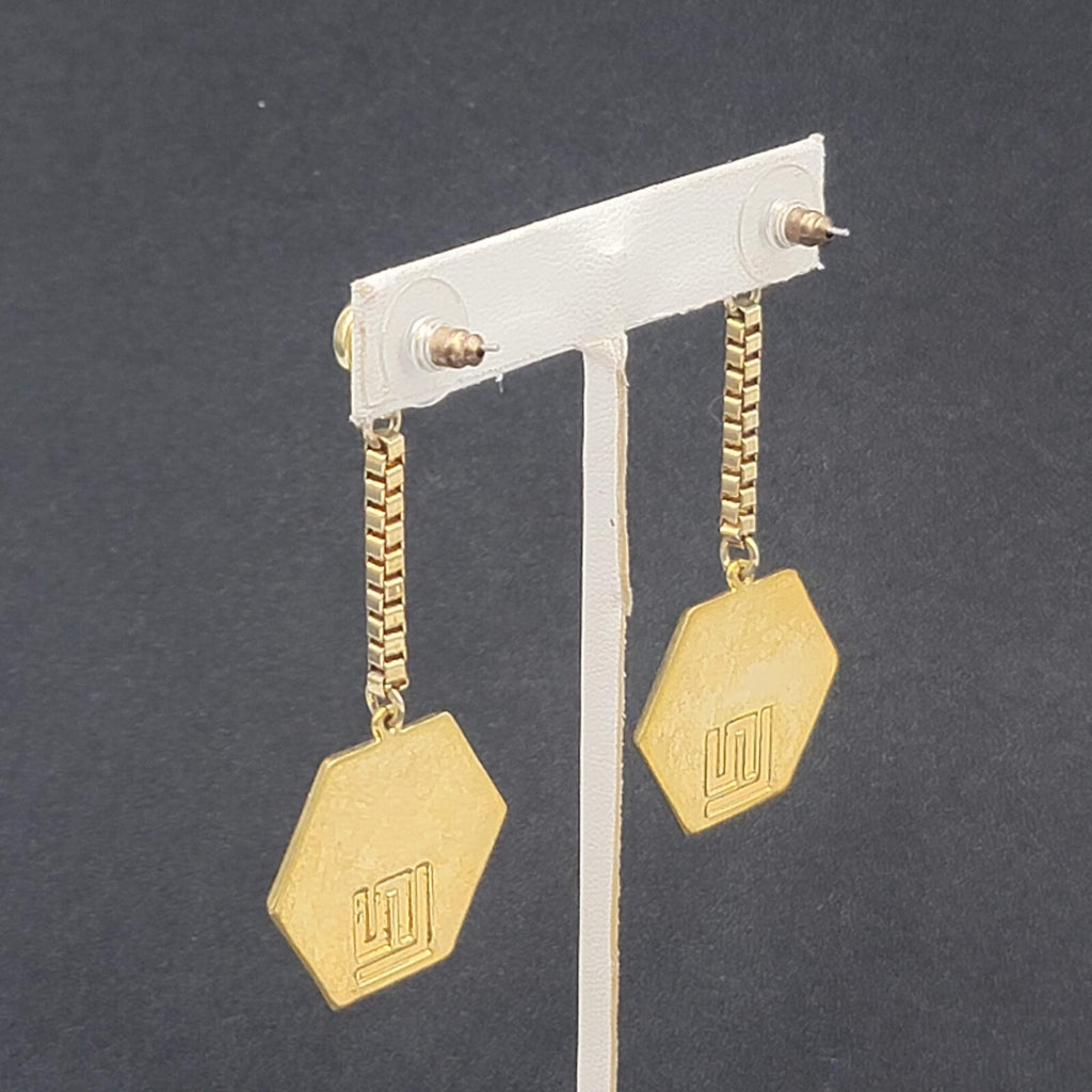 Pierced Earrings Gold Plated Rhinestone Studded Hexagon Dangle Chain Signed 