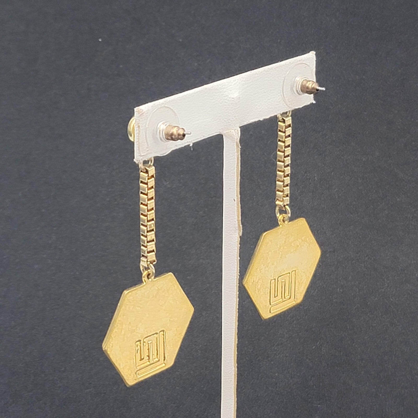 Pierced Earrings Gold Plated Rhinestone Studded Hexagon Dangle Chain Signed 