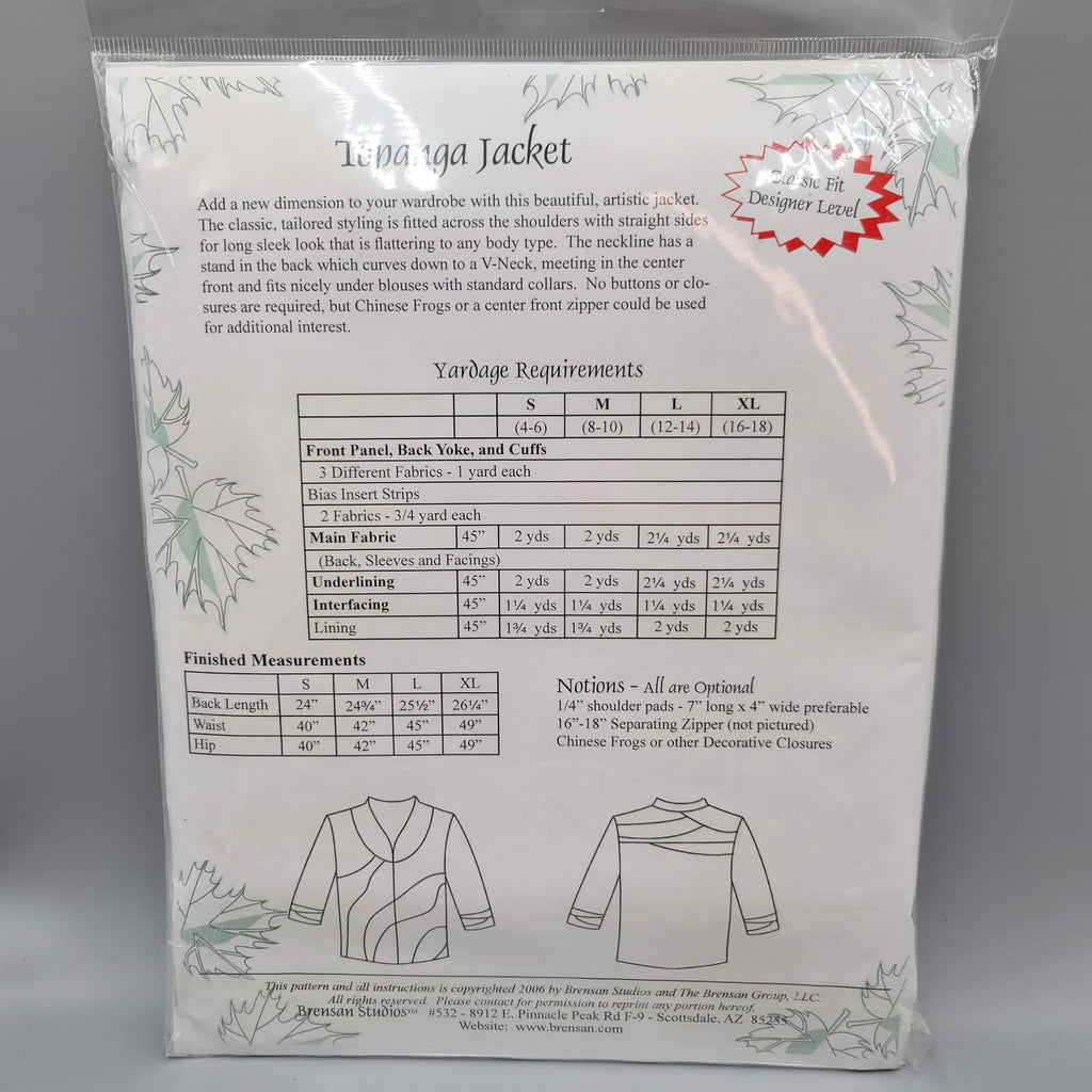 Brensan Studios Topanga Jacket Sewing Pattern BSS115 ~ S-XL  NEW