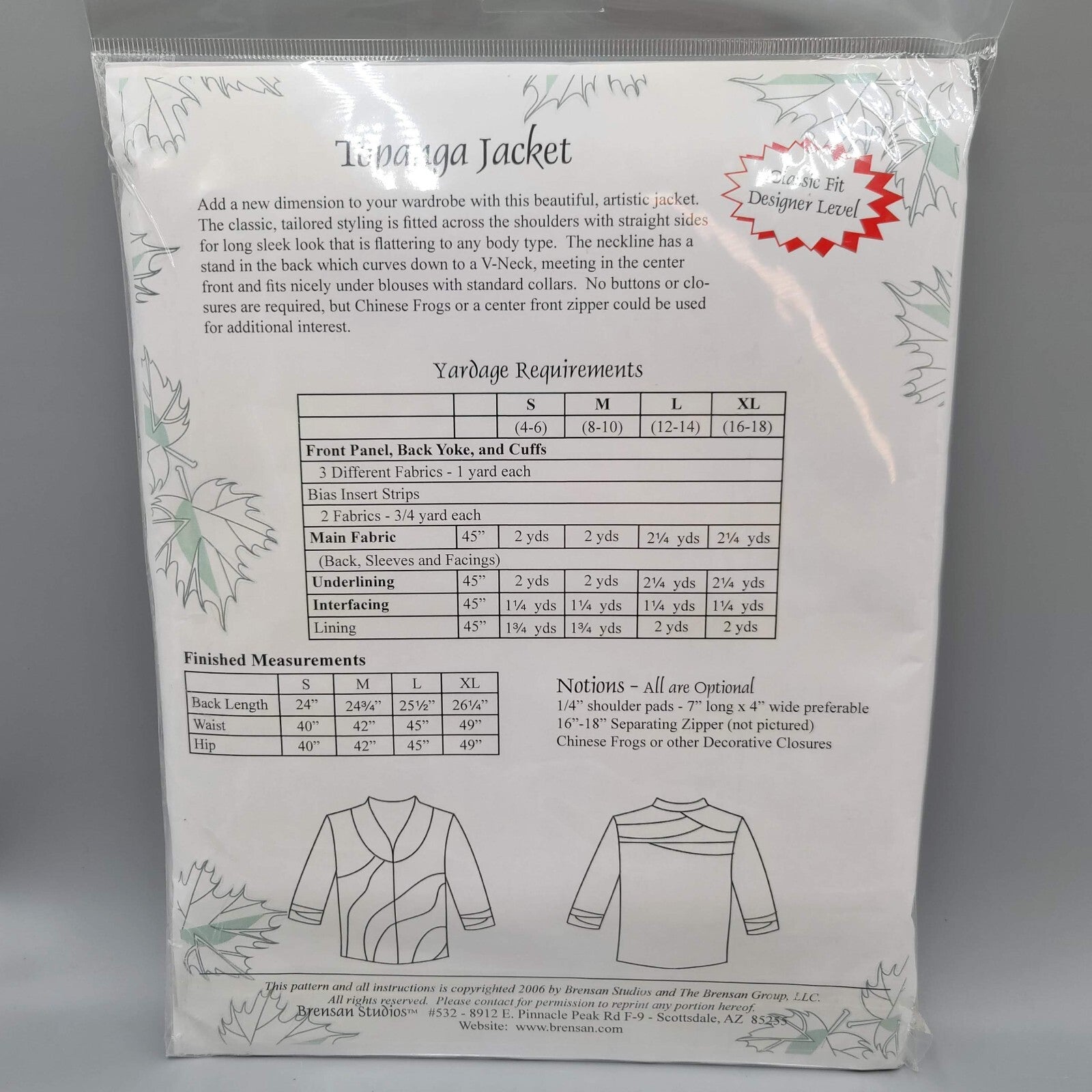 Brensan Studios Topanga Jacket Sewing Pattern BSS115 ~ S-XL  NEW