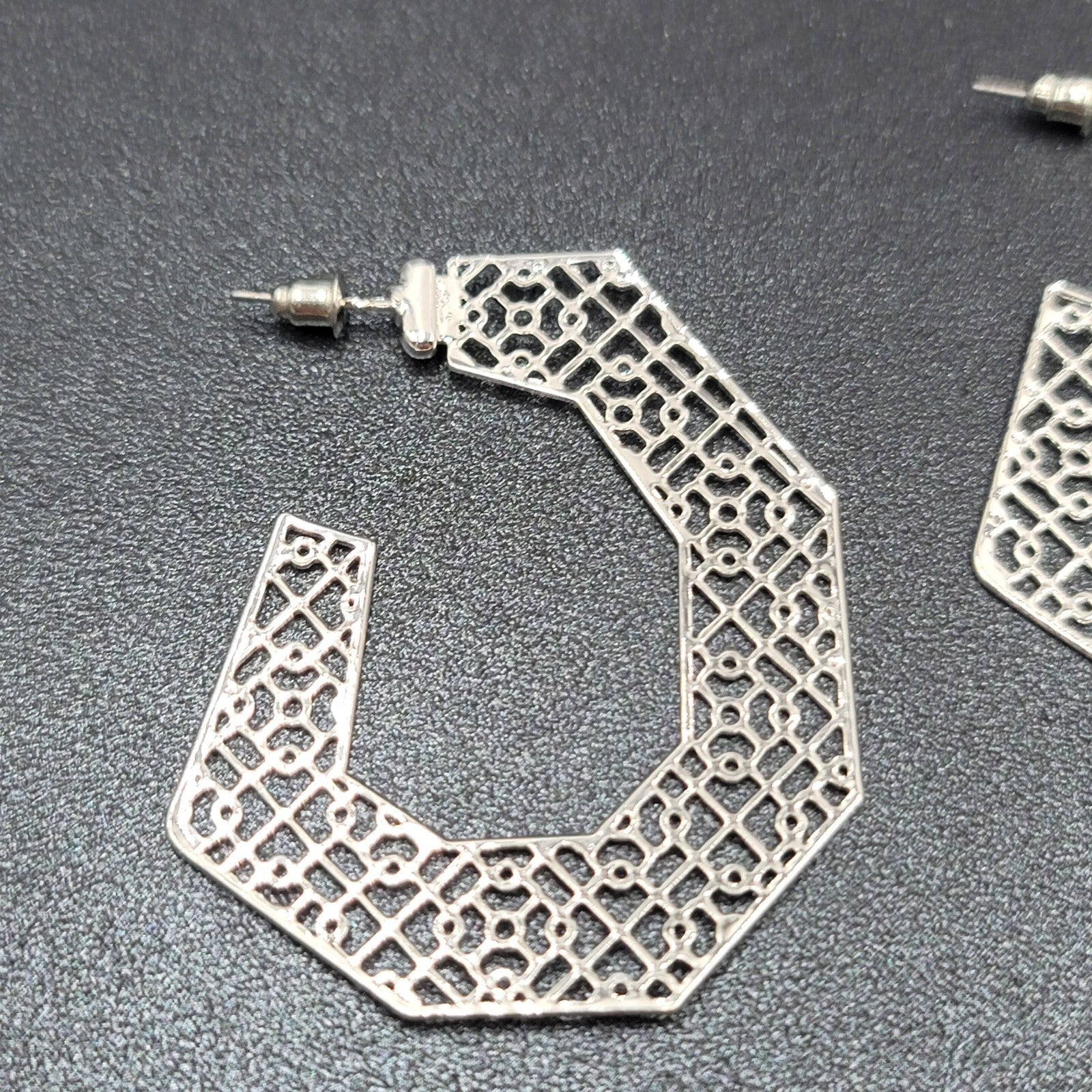 Pierced Earrings Silver tone Open Filigree Statement Hoops 2 1/8"