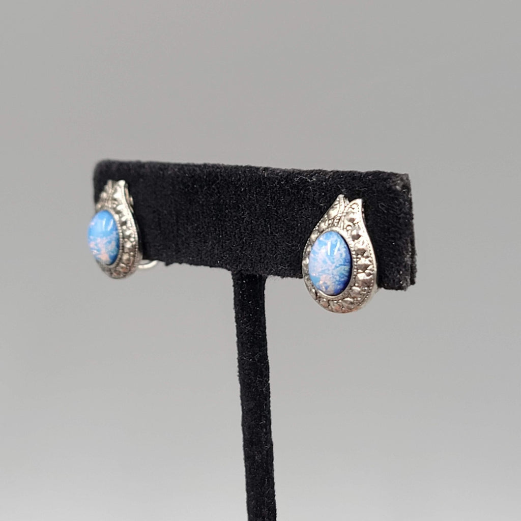Vintage Clip on Earrings Silver tone Faux Glass Opal Drop 5/8"