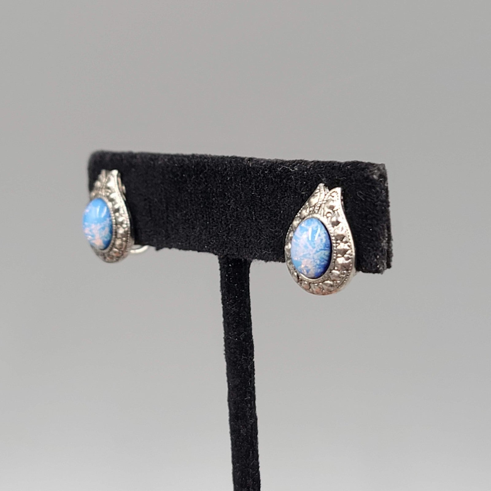 Vintage Clip on Earrings Silver tone Faux Glass Opal Drop 5/8"