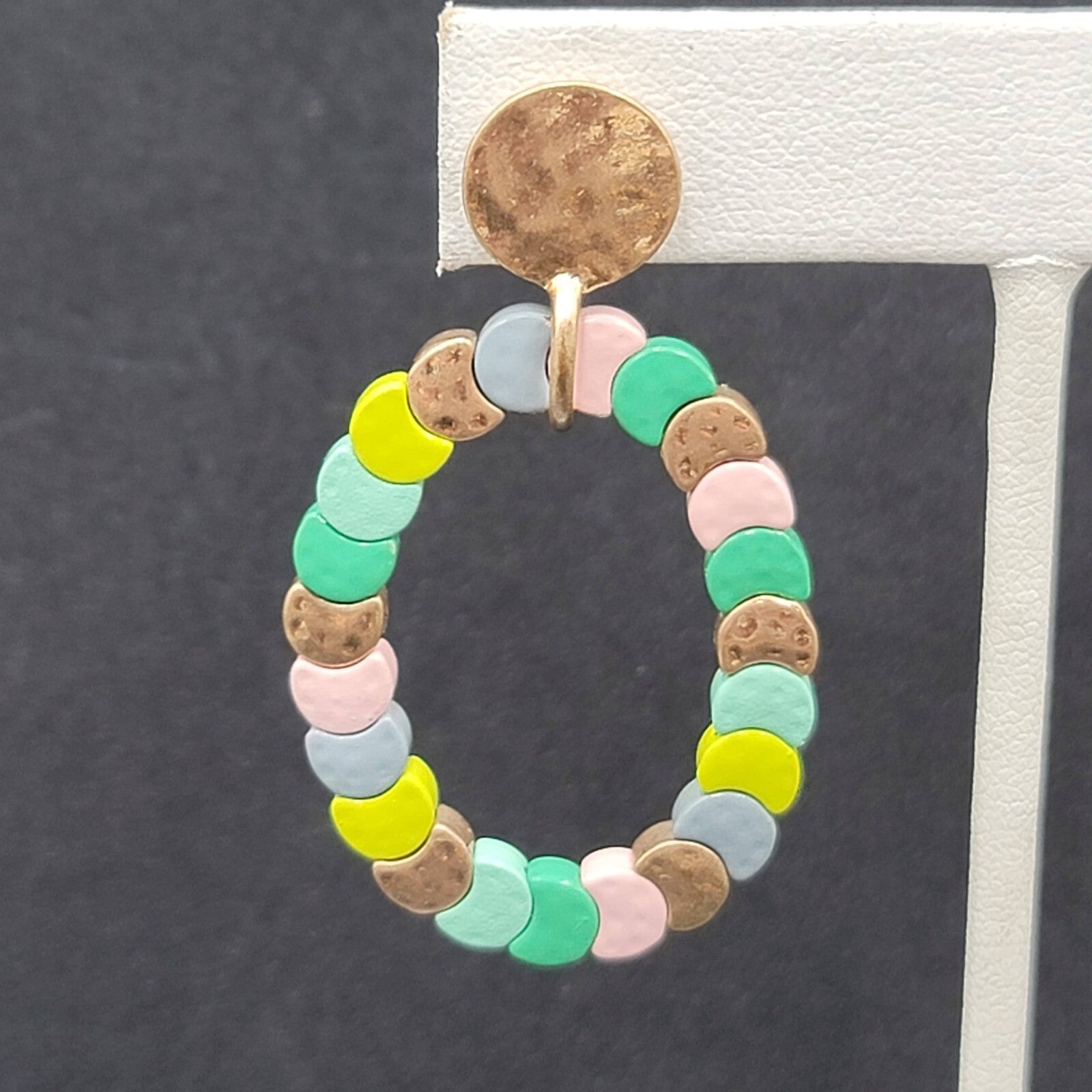Pierced Earrings Gold tone Multicolor Strung Beads Hoop 2"