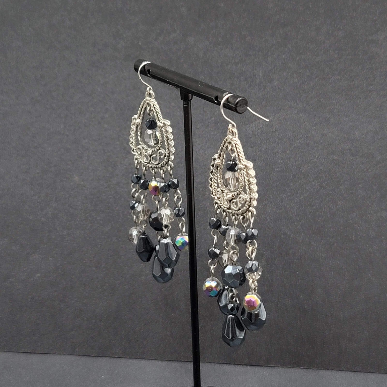 Pierced Earrings Silver tone Black AB Glass Beads Chandelier 3"