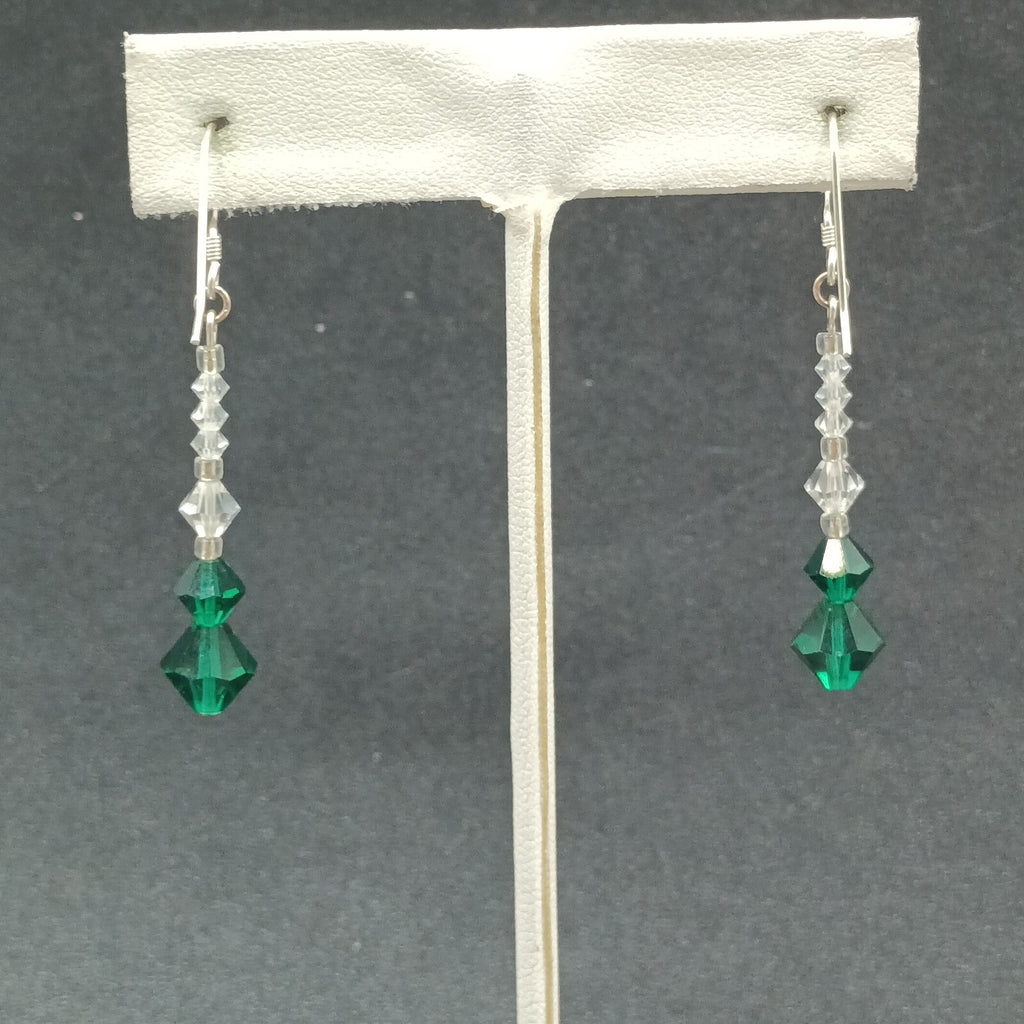 Pierced Earrings Silver tone Hook Faceted Clear Green Beaded Dangle 1 1/4"