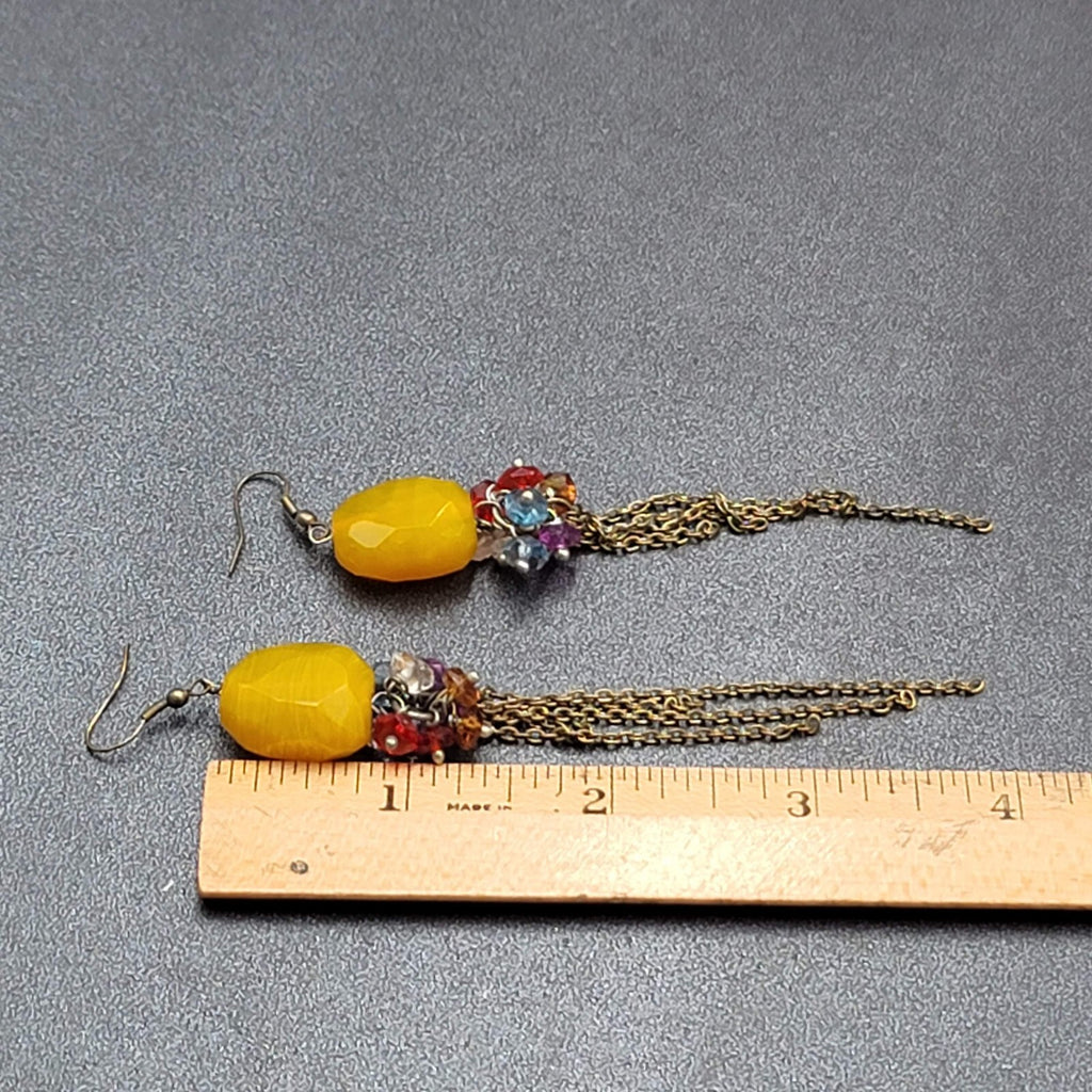 Pierced Earrings Multicolor Quartz Bead Statement Dangle Chains 3.75"