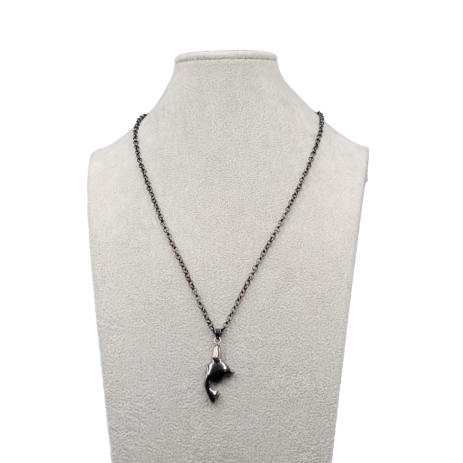 Dolphin Hematite Pendant Necklace Black Rolo Chain 22 in