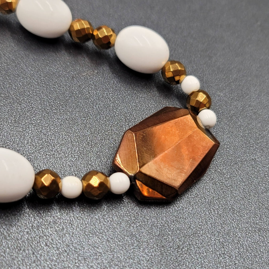 Bronze Metallic White Beaded Necklace Bracelet Earrings Set Jewelry Set