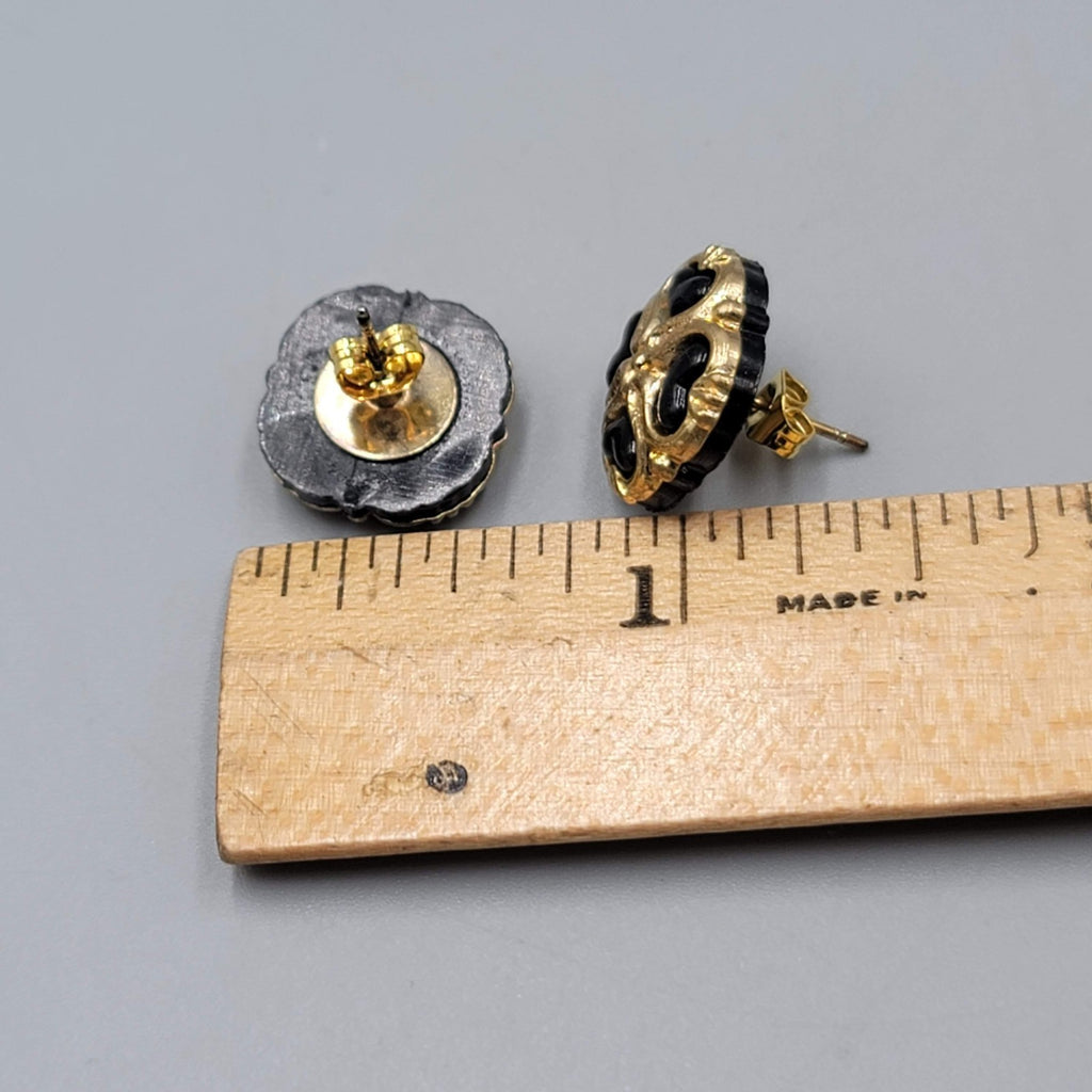 Vintage Stud Pierced Earrings Black and Gold tone  1/2"