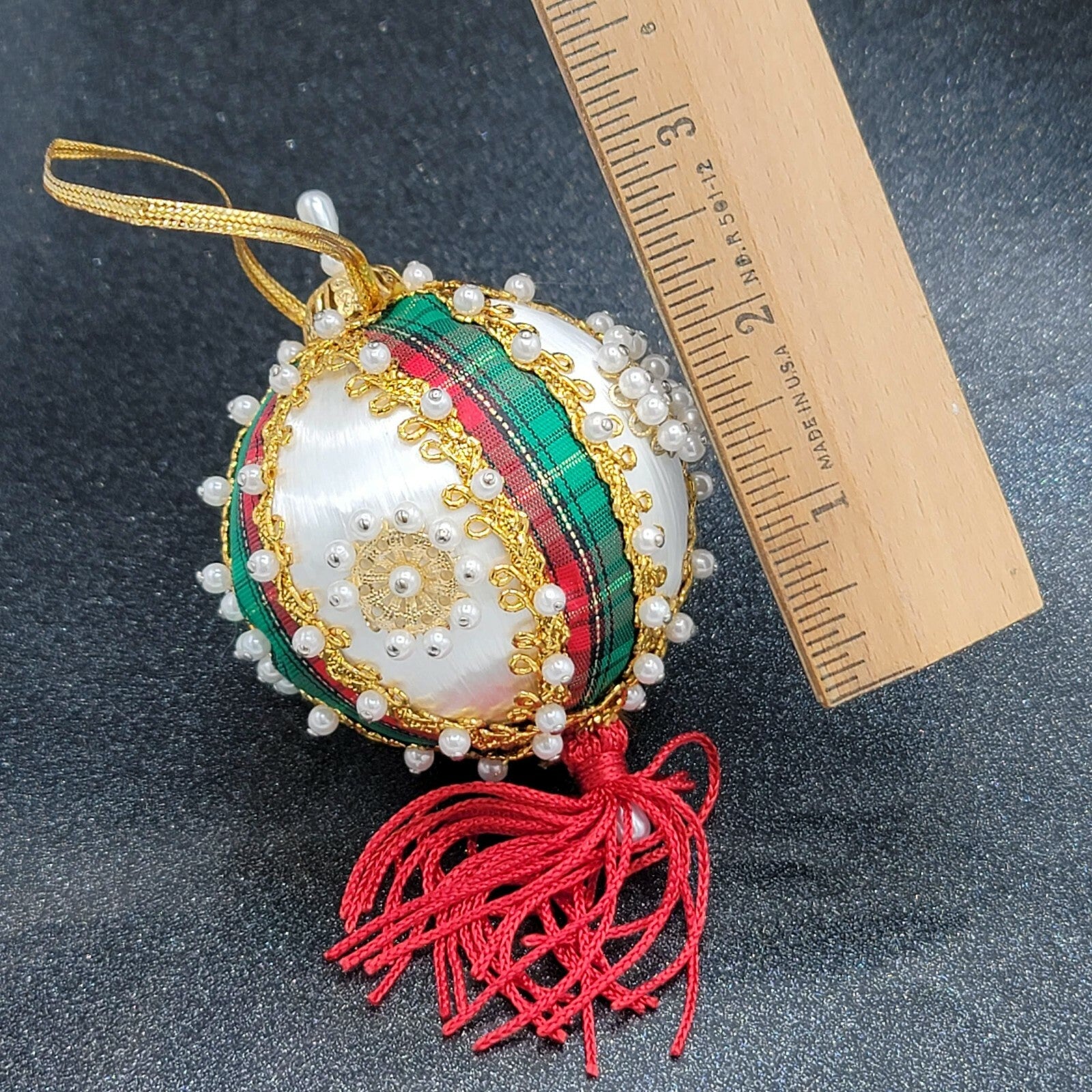 Vintage White Spun Satin Pearl Push Pin Christmas Ornament Velvet Ribbon Bead 4"