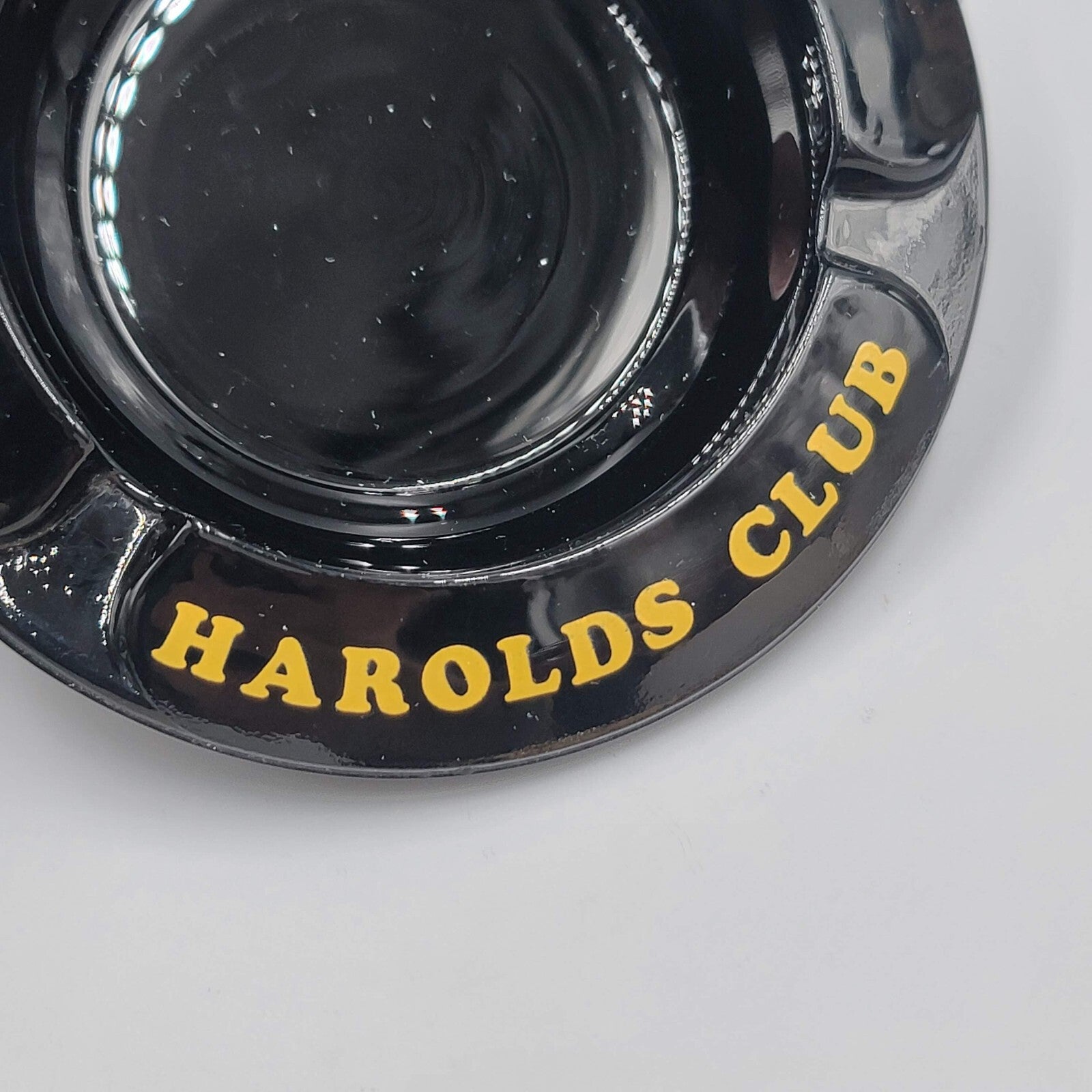 Vintage Ashtray Round Black Gold Print Harolds Club 50 Years 1935-1985 4"