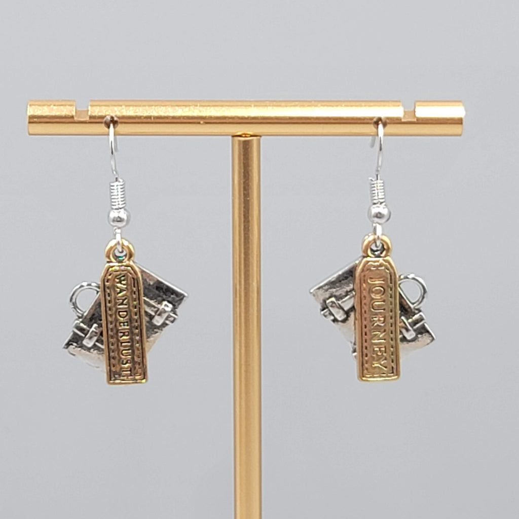 Travel Theme Pierced Earrings Suitcase JOURNEY WANDERLUST Two Toned Dangle 1"