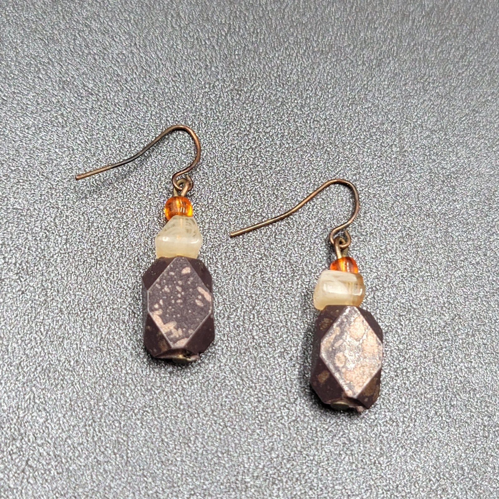 Pierced Earrings Bronze tone Acrylic Beads Natural Fall tones 1 1/8"