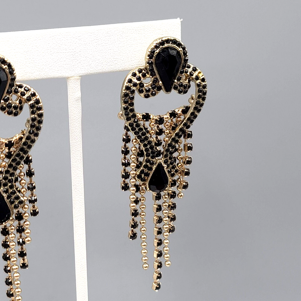 Statement Pierced Earrings Gold tone Black Rhinestone Chandelier Long 3.25"