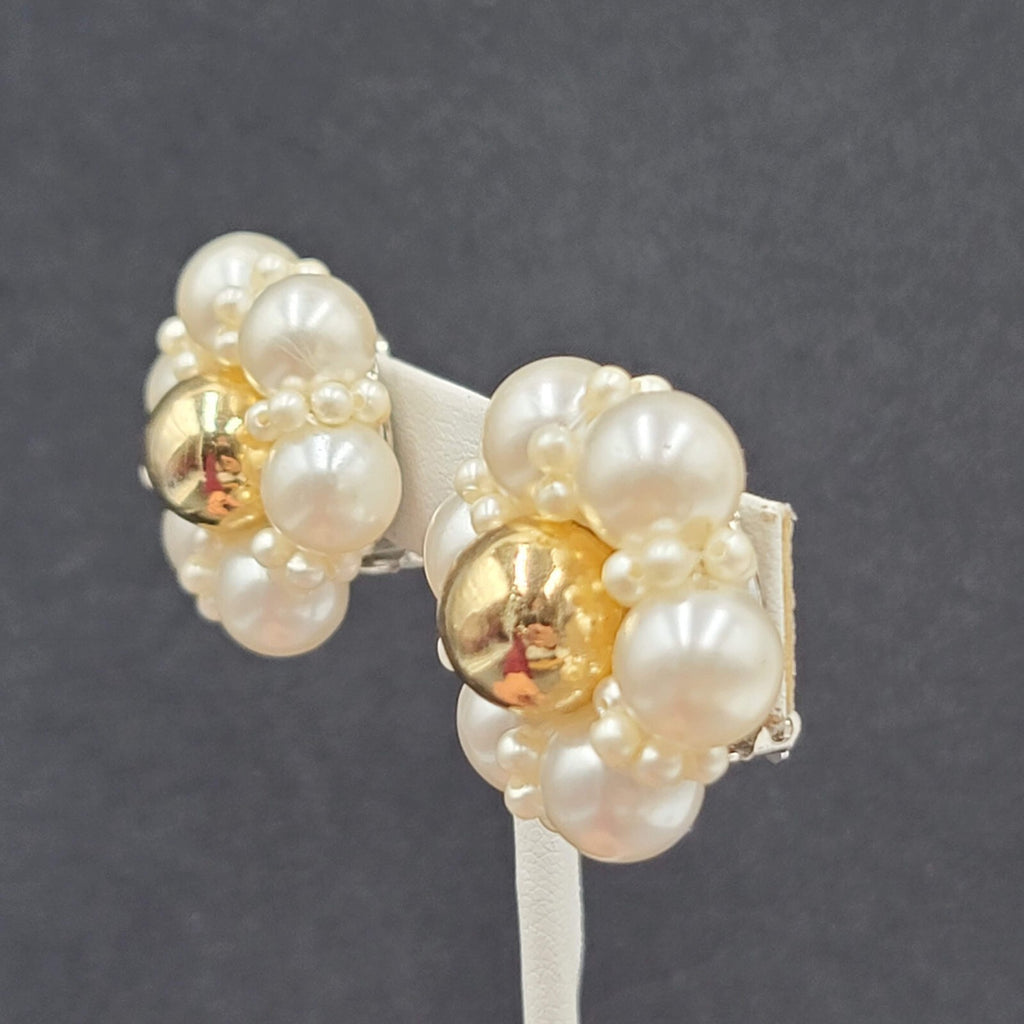 Vintage Clip on Earrings Gold tone Faux Pearl Cluster Flower 1 1/8" Lightweight