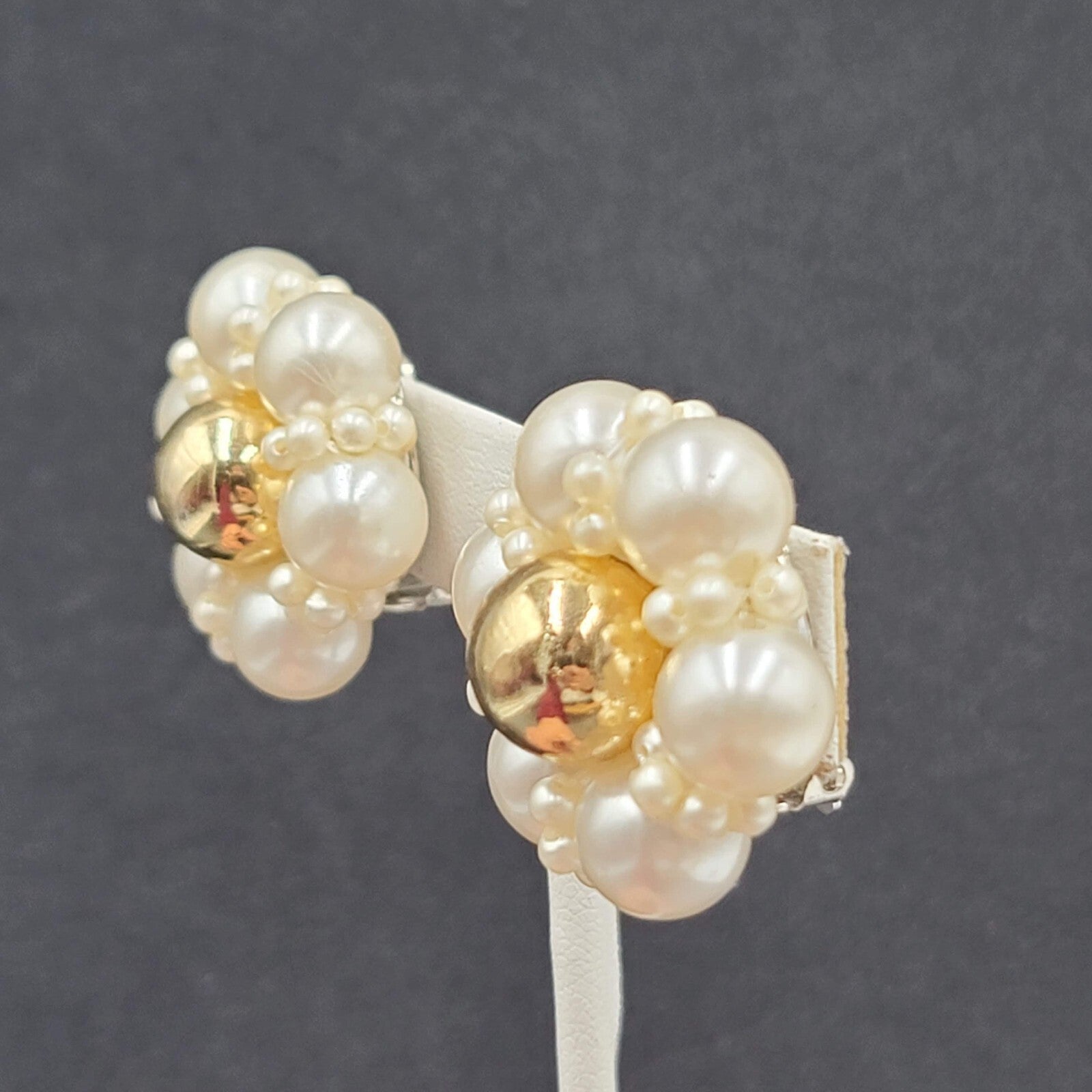 Vintage Clip on Earrings Gold tone Faux Pearl Cluster Flower 1 1/8" Lightweight