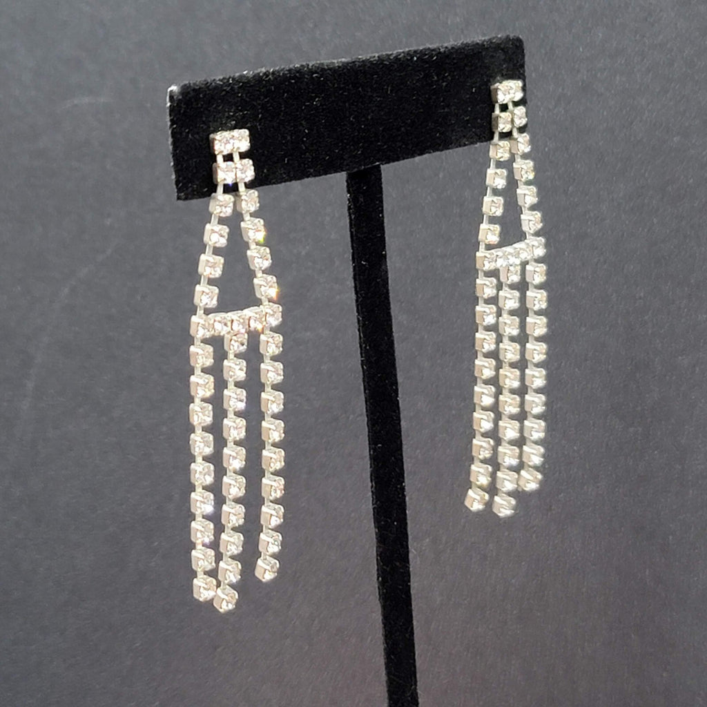 Vintage Pierced Earrings Silver tone Rhinestone Triple Dangle 2.25"