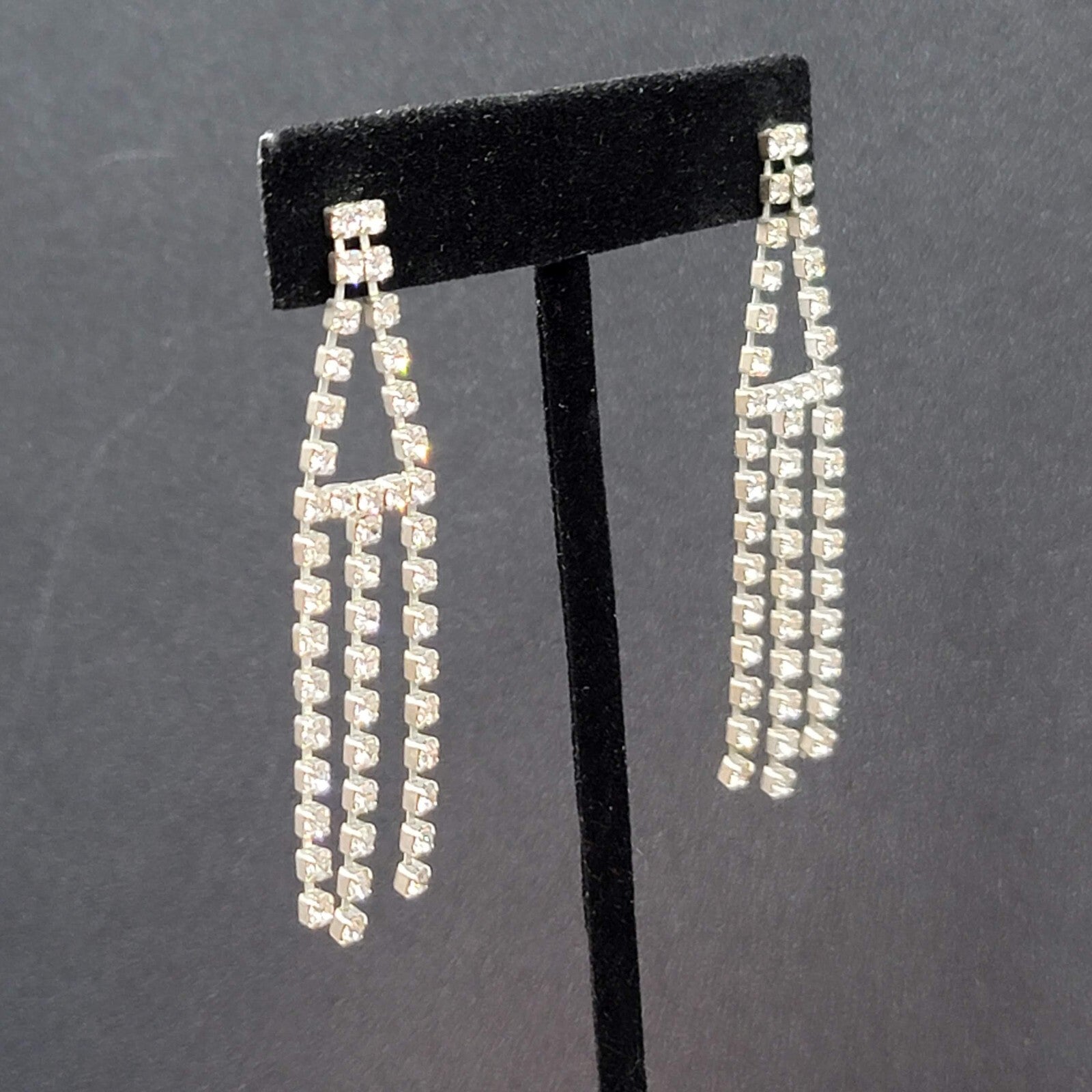 Vintage Pierced Earrings Silver tone Rhinestone Triple Dangle 2.25"