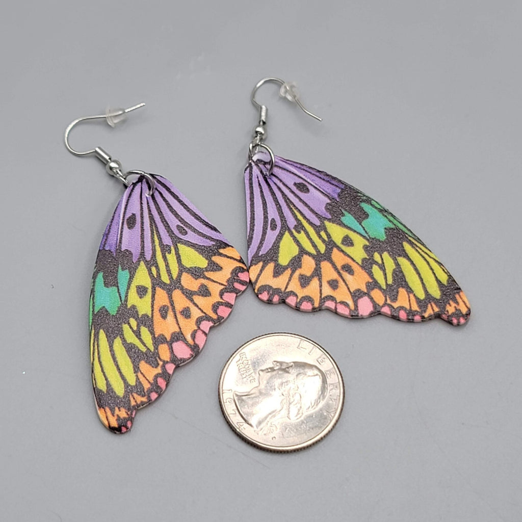 Butterfly Wing Pierced Earrings Purple Yellow Orange Statement Dangle 2.25"