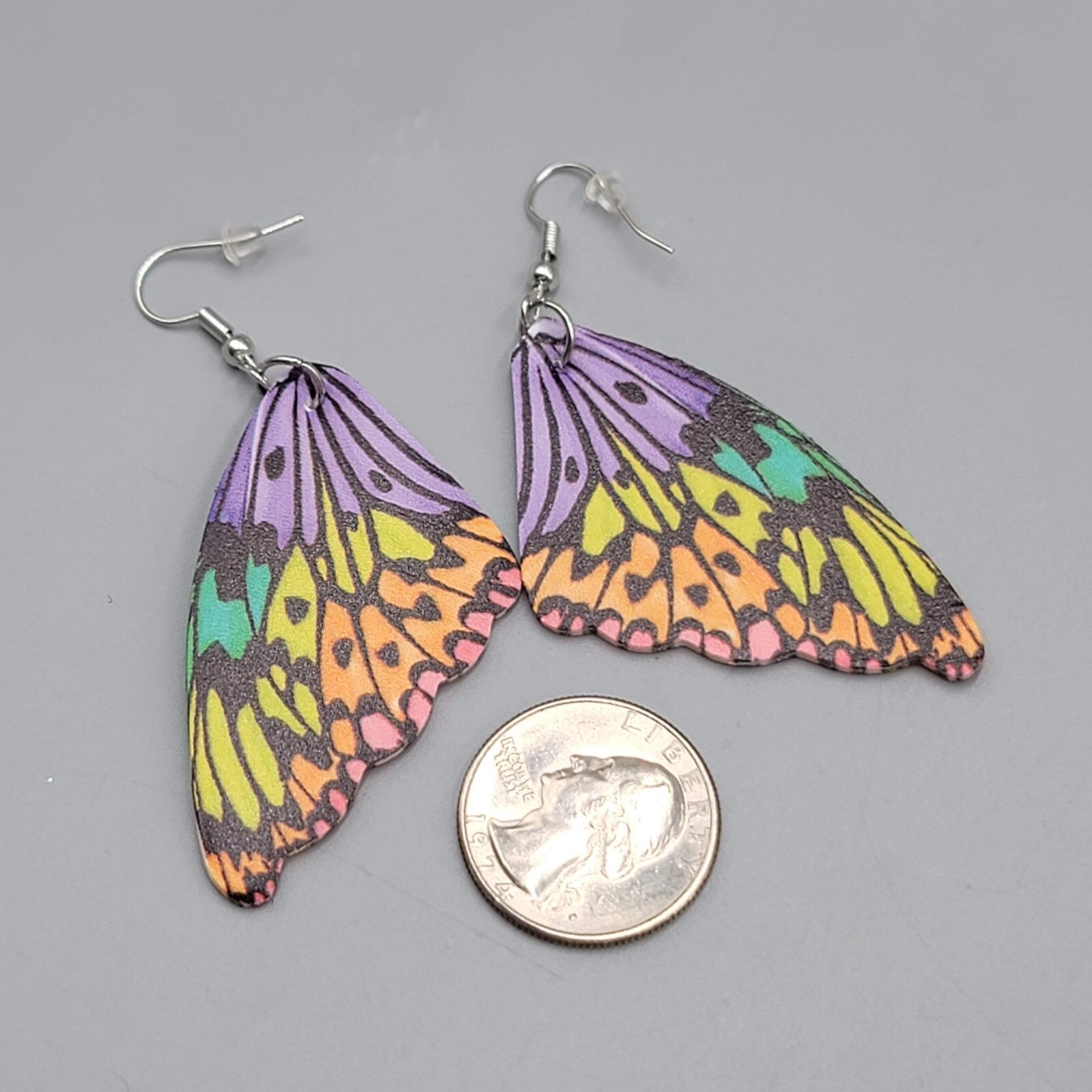 Butterfly Wing Pierced Earrings Purple Yellow Orange Statement Dangle 2.25"