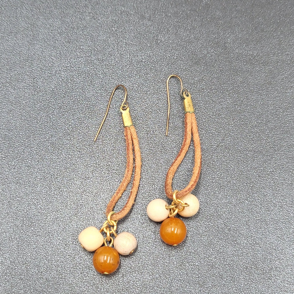 Vintage Boho Pierced Earrings Leather Stone Beaded Dangle 2.25"