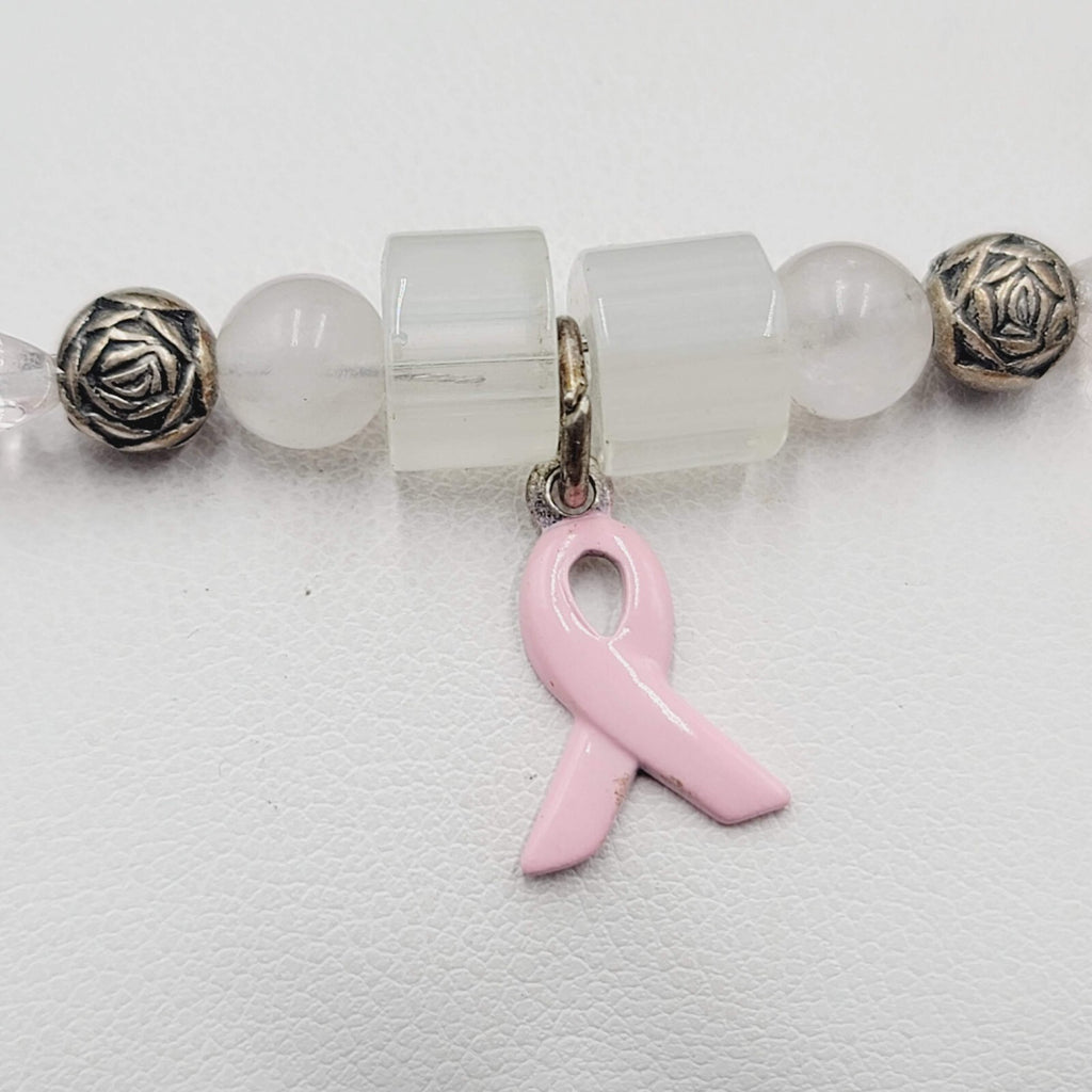 Sterling Breast Cancer Awareness Charm Bracelet Silver tone Beaded 7"