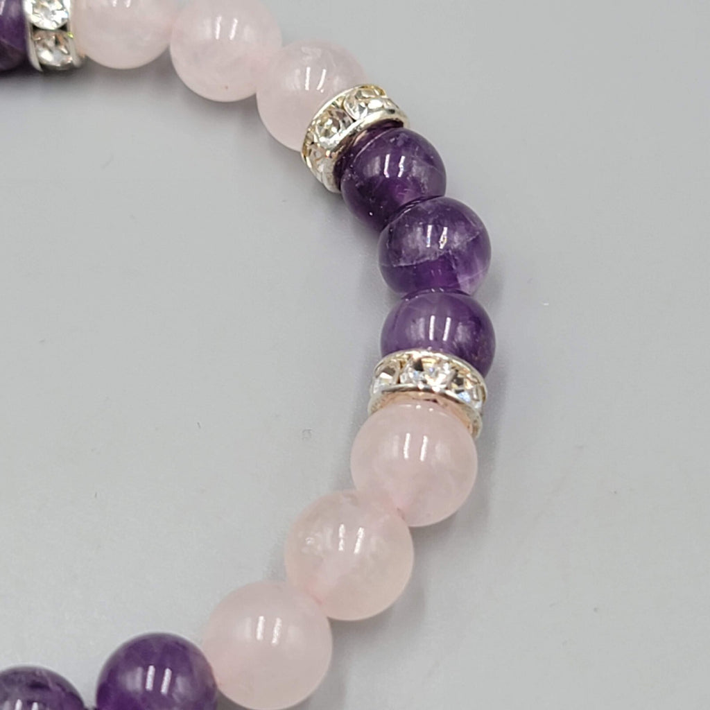Pink Quartz and Amethyst Bead Bracelet Elastic Rhinestone Spacers Heart Charm