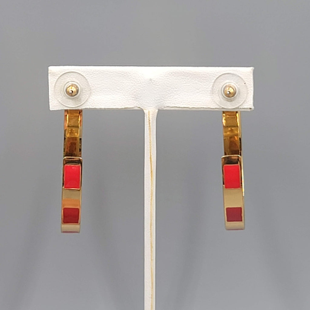 J Crew Hoop Pierced Earrings Red Enamel Gold tone 1.75"