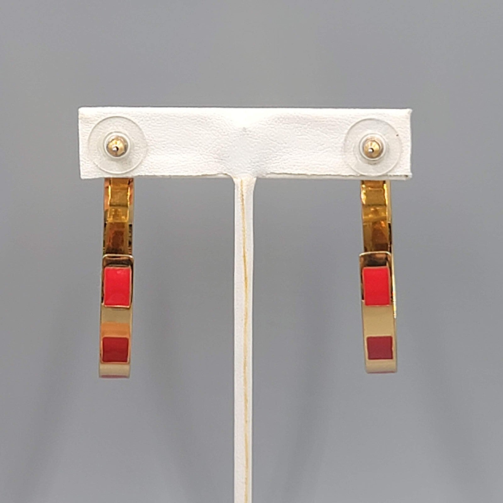 J Crew Hoop Pierced Earrings Red Enamel Gold tone 1.75"