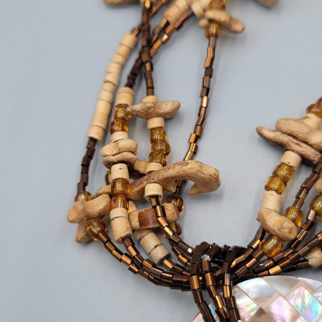 Natural Shell Pendant Multi Strand Necklace Mother of Pearl Wood Beads Boho 18"