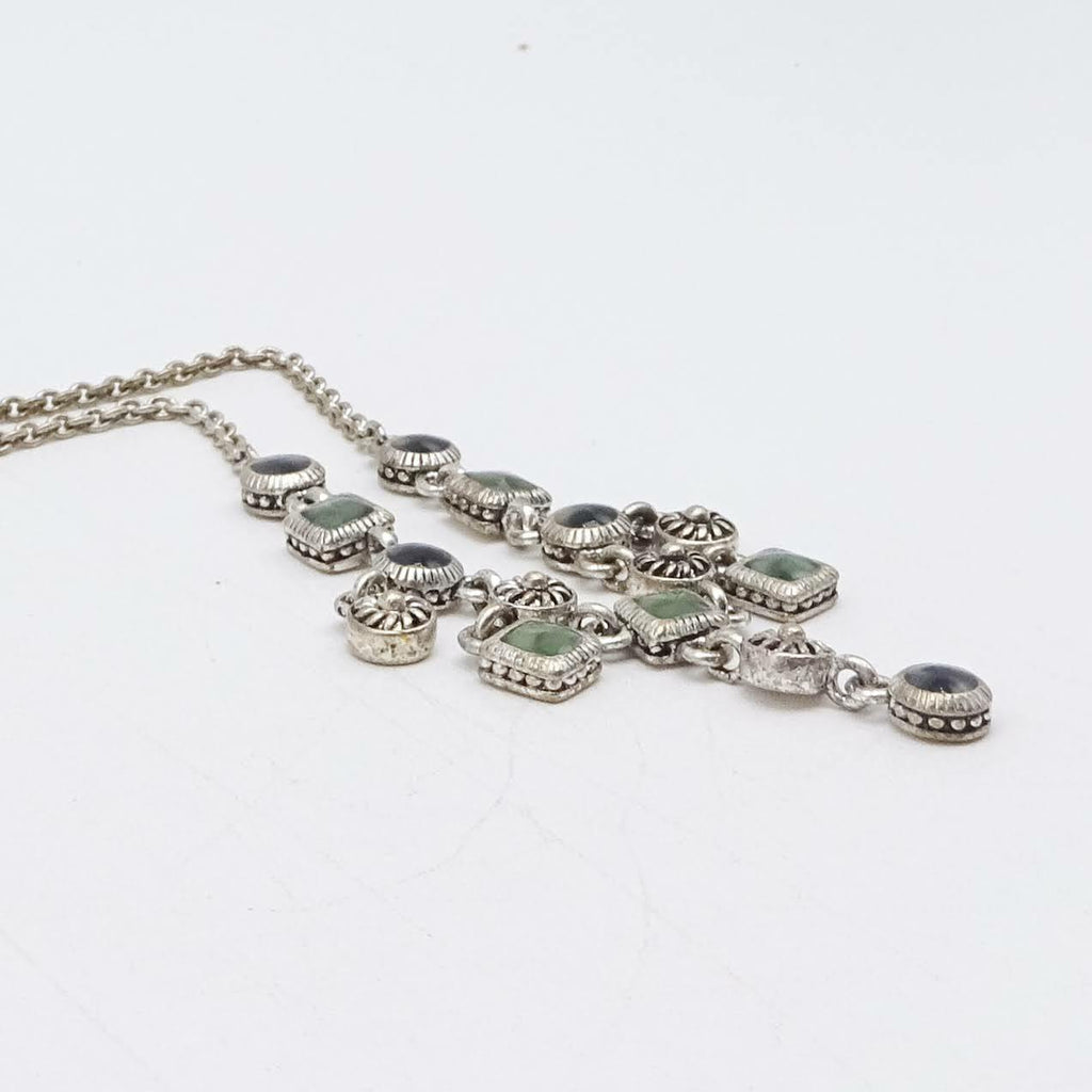 Necklace Silver tone Green Black Acrylic Dangle Signed Well Made 16" - 18”