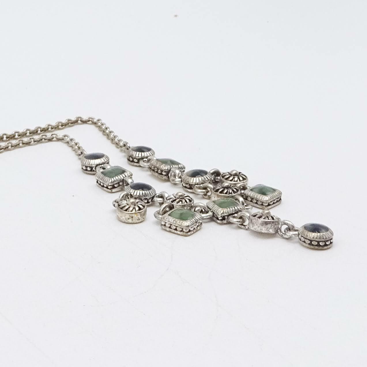 Necklace Silver tone Green Black Acrylic Dangle Signed Well Made 16" - 18”