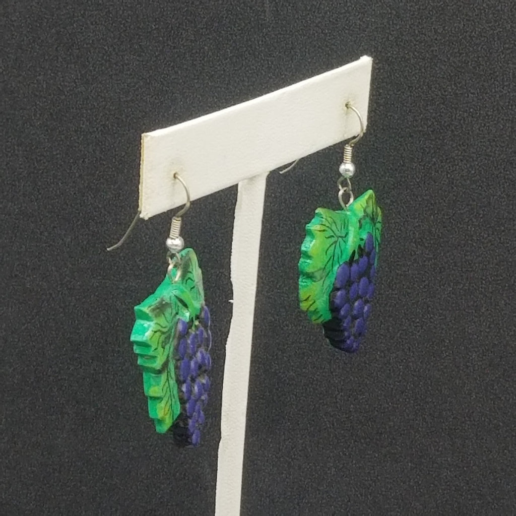 Vintage Pierced Earrings Green and Purple Hand painted Grape Dangle 1 3/8"