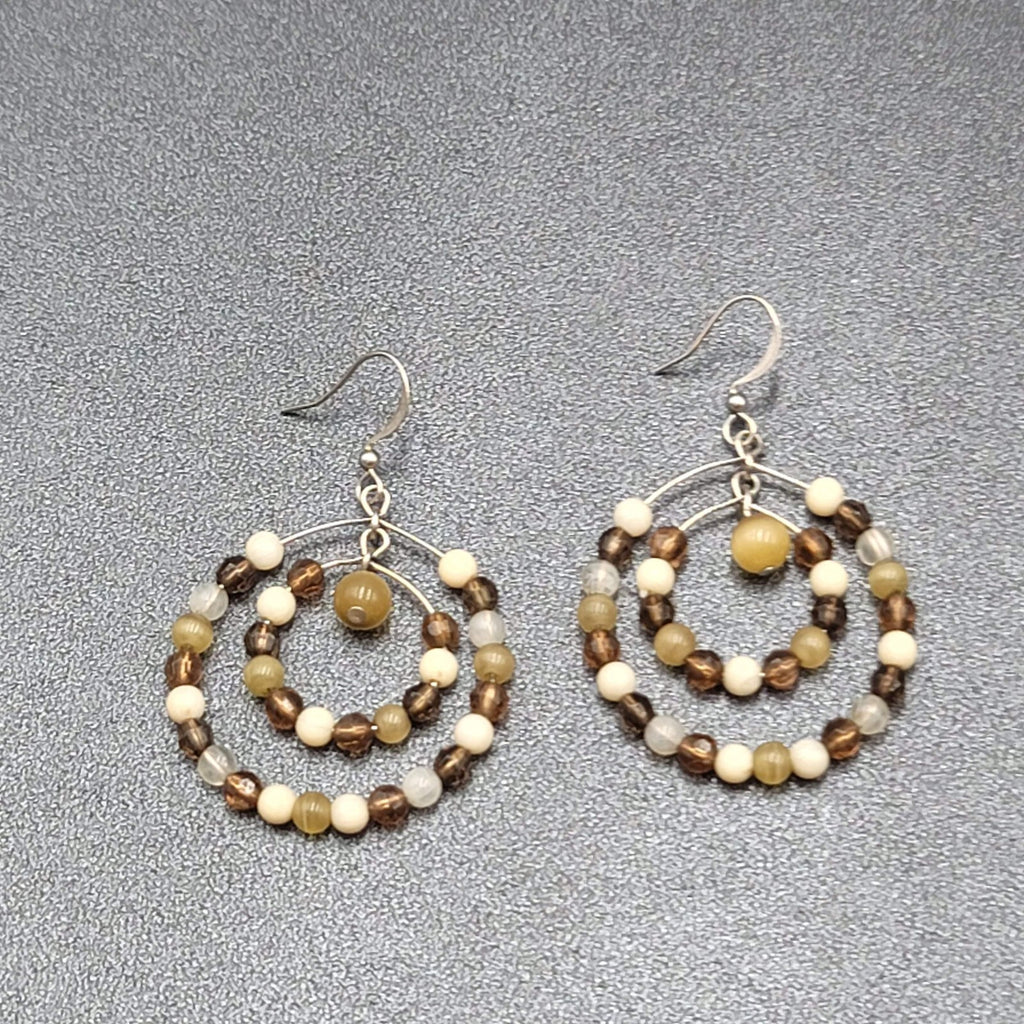 Pierced Earrings Silver tone Brown Beaded Double Hoops 1.5"