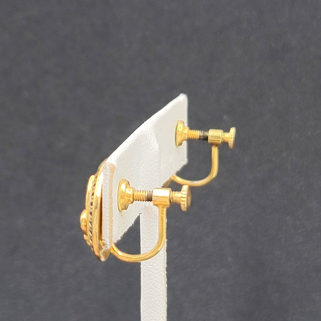 Vintage Clip on Earrings Gold tone Fleur Di Lis Mother of Pearl 5/8" Screw Back