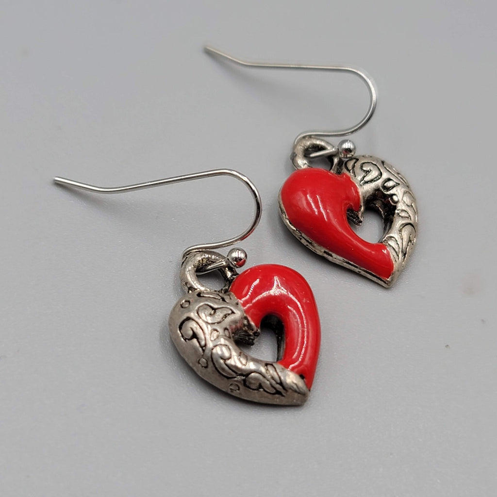 Heart Pierced Earrings Silver tone Red Enamel Dangle 5/8"
