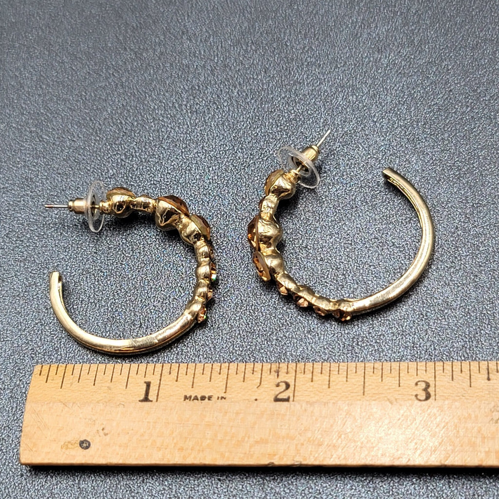 Pierced Earrings Gold tone Yellow Rhinestone Hoops 1.25"