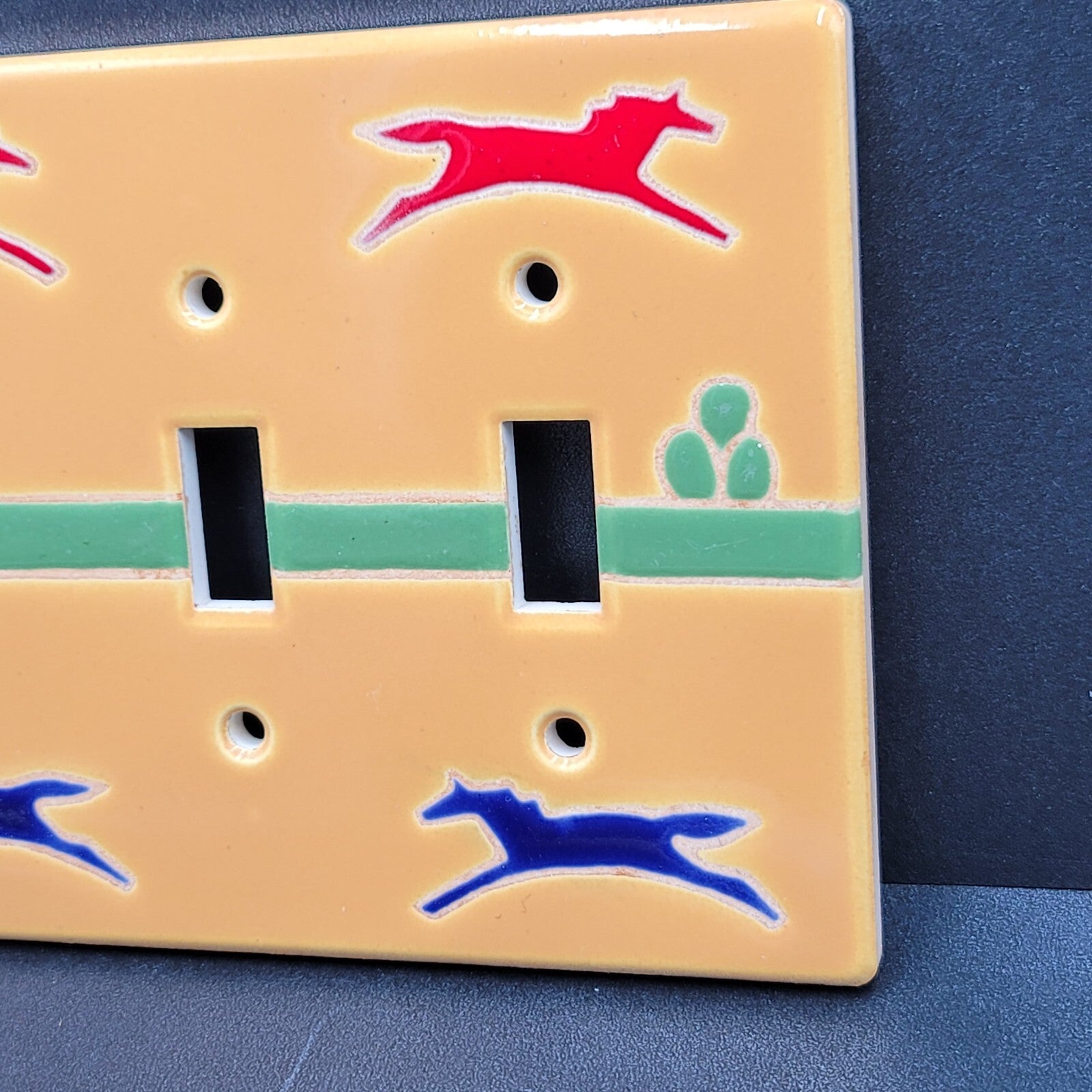 Southwestern Ceramic Triple Light Switch Plate Cover Red Blue Yellow Horses