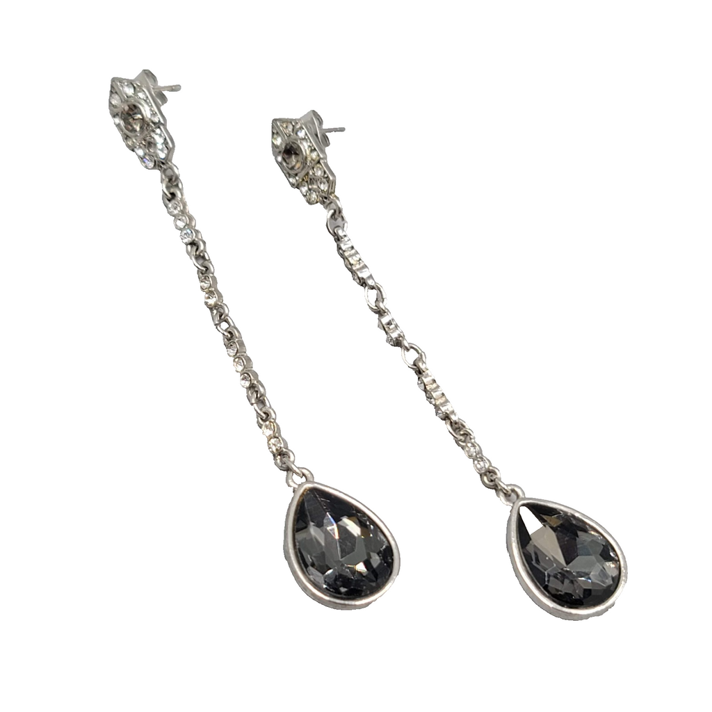Long Pierced Earrings Smokey Teardrop Rhinestone Silver tone Dangle  3.5 in