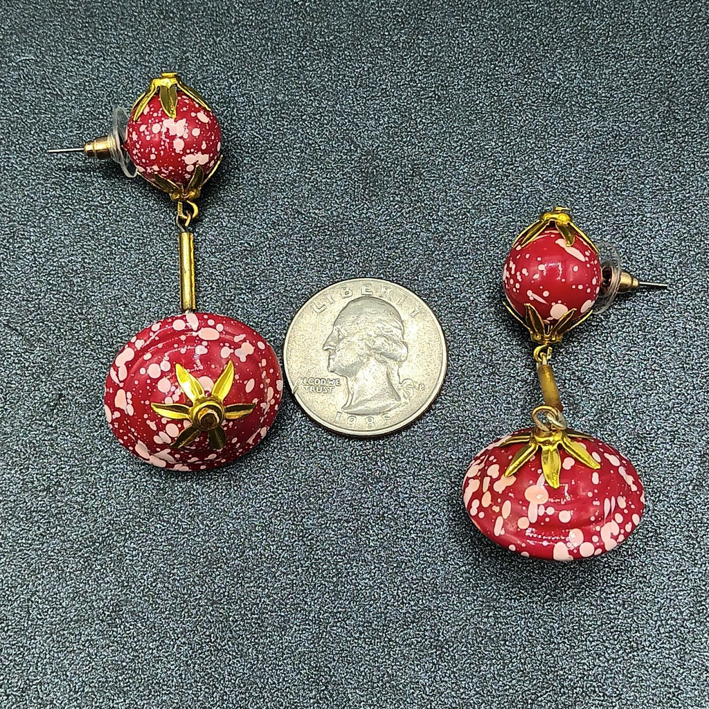 Vintage Pierced Earrings Gold tone Red White Acrylic Large Bead Dangle 2 1/2"