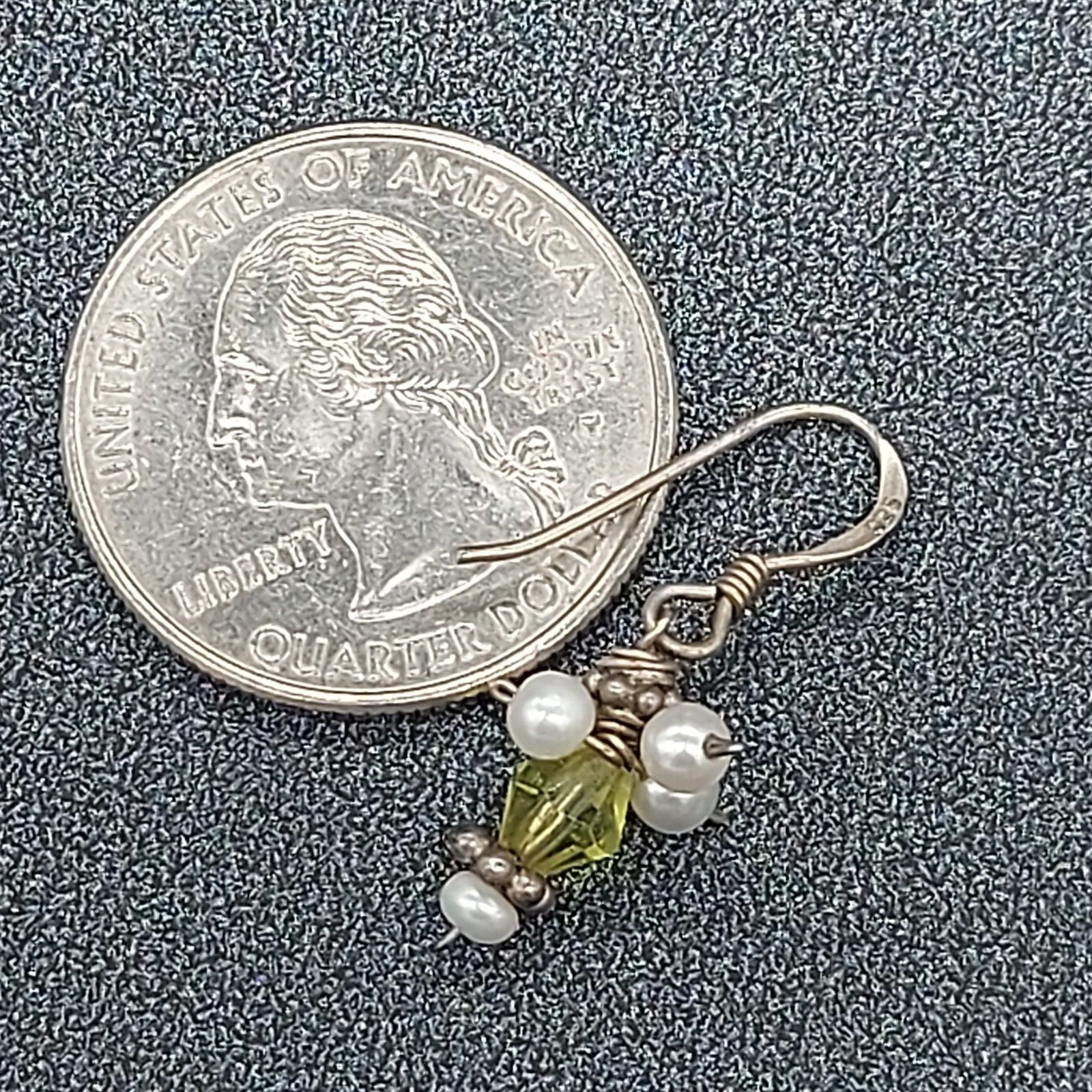Pierced Earrings Silver tone White and Yellow Glass Beaded Dangle 1/2"