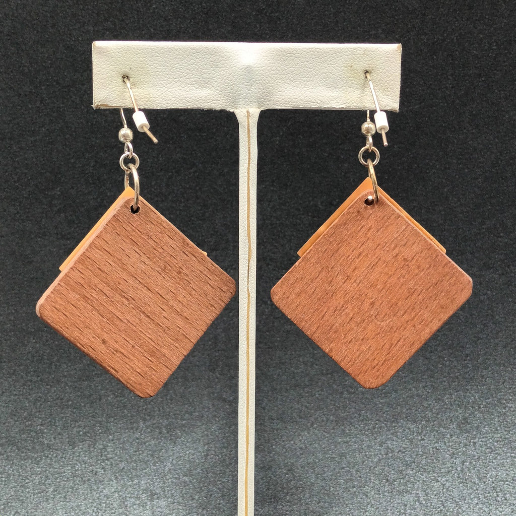 Pierced Earrings Wood Shell Square Geometric Silver tone Hook Dangle 1 3/4"