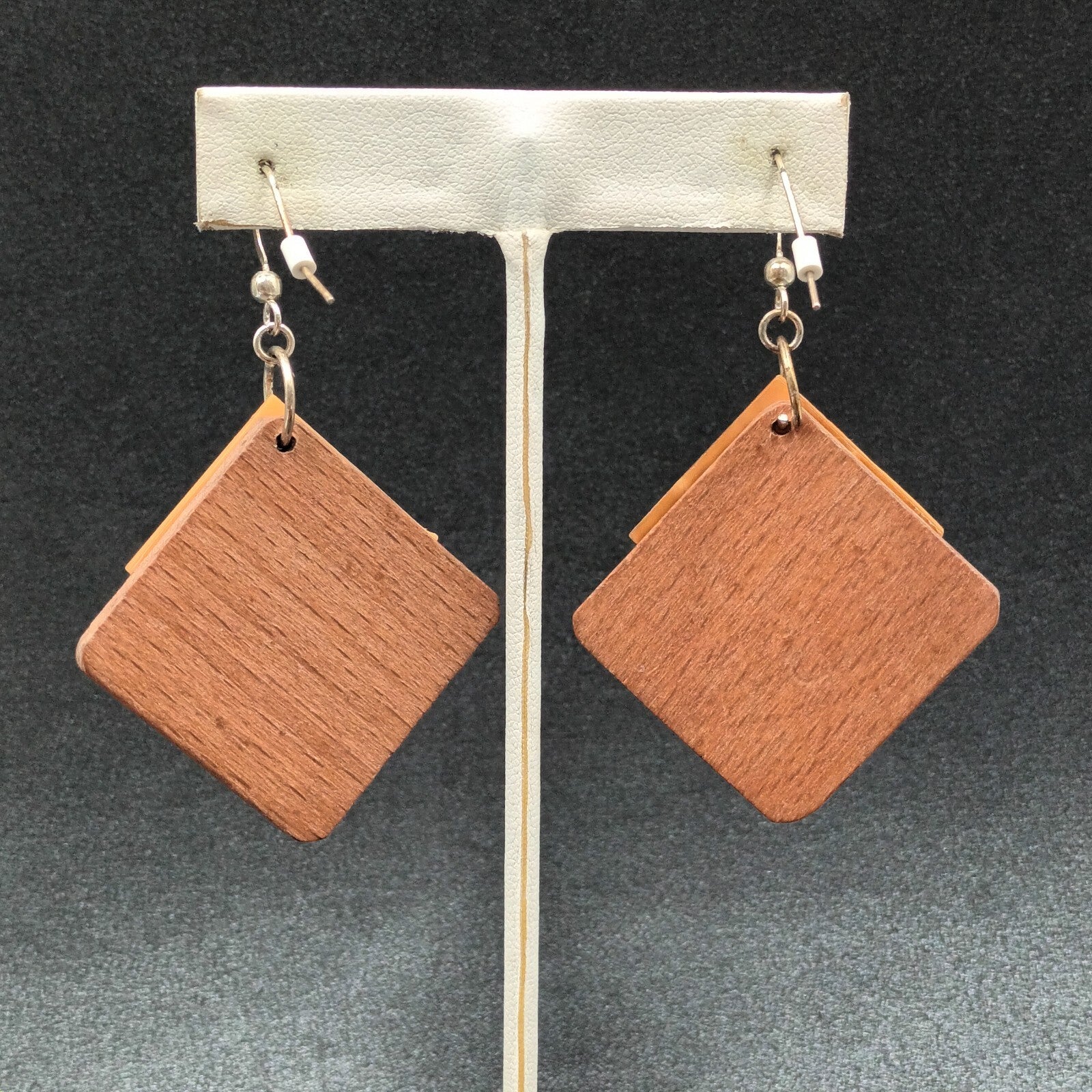 Pierced Earrings Wood Shell Square Geometric Silver tone Hook Dangle 1 3/4"