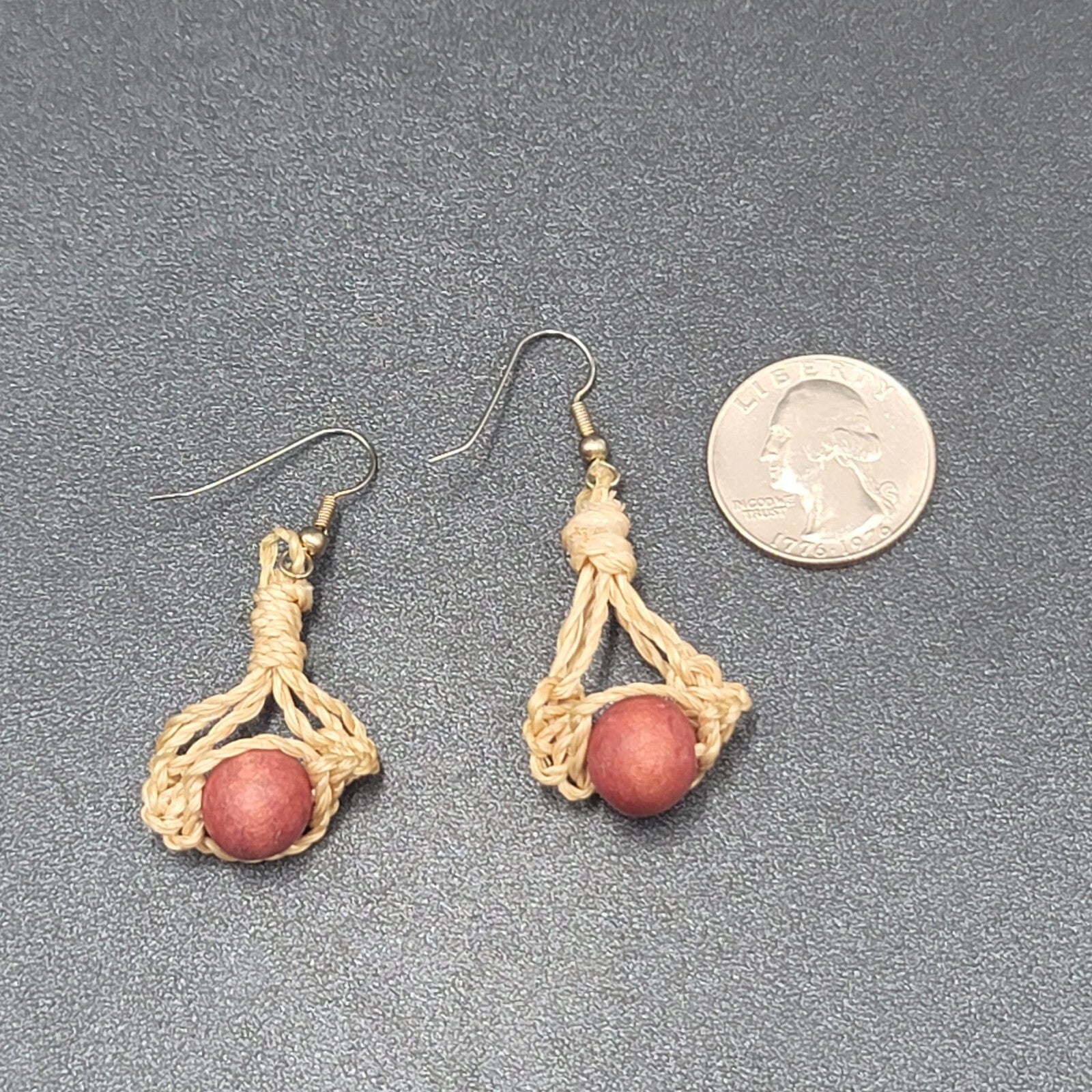 Boho Pierced Earrings Twine Knotted Wood Bead Dangle 1.5"