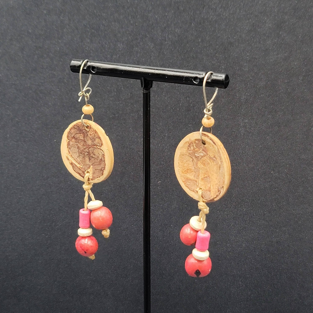 Vintage Pierced Earrings Hand Painted Carved Coconut Pink Bead Dangle 2.25"