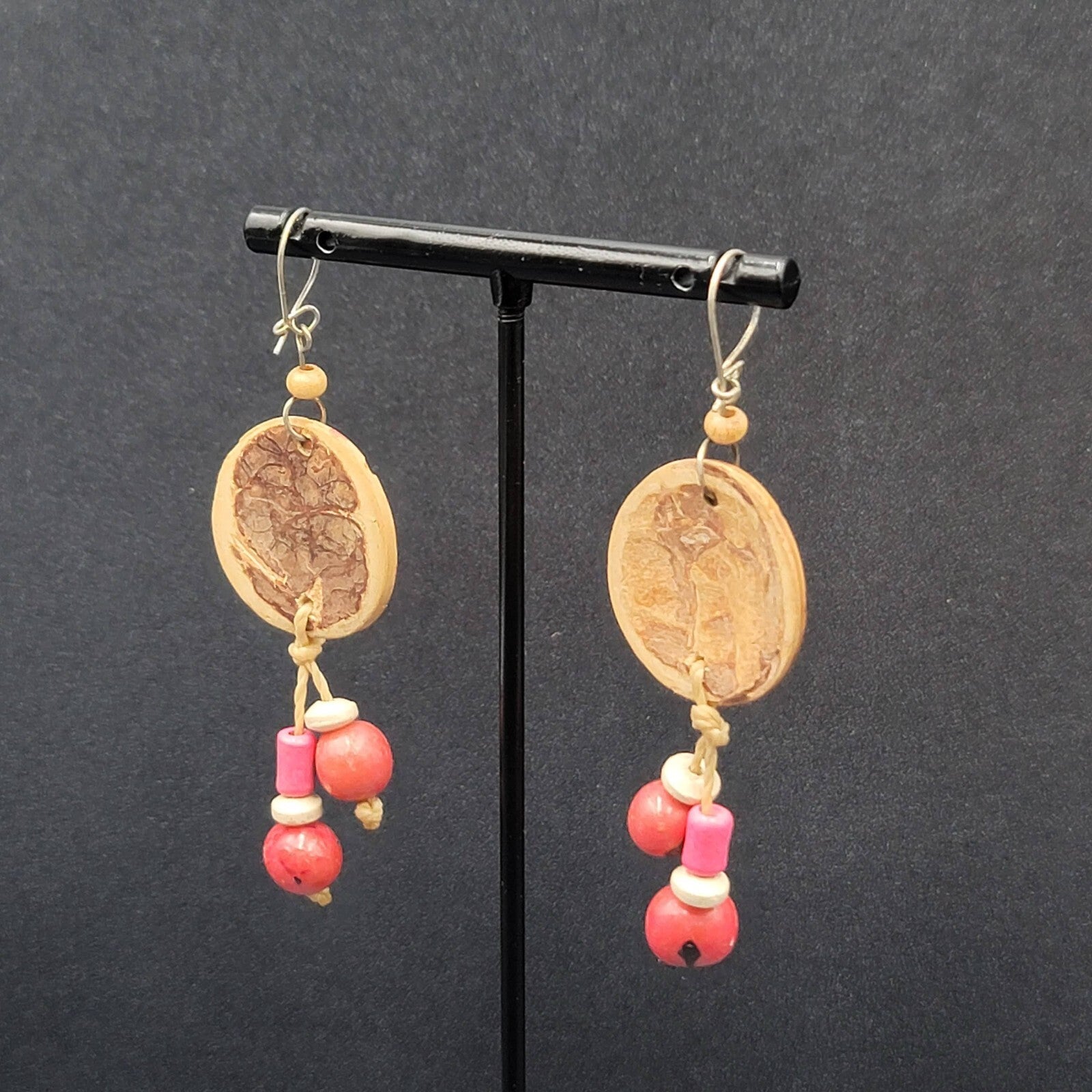 Vintage Pierced Earrings Hand Painted Carved Coconut Pink Bead Dangle 2.25"