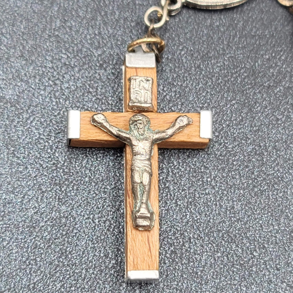 Rosary Bracelet Wood Beads Catholic Religious 8" Silver tone Metal