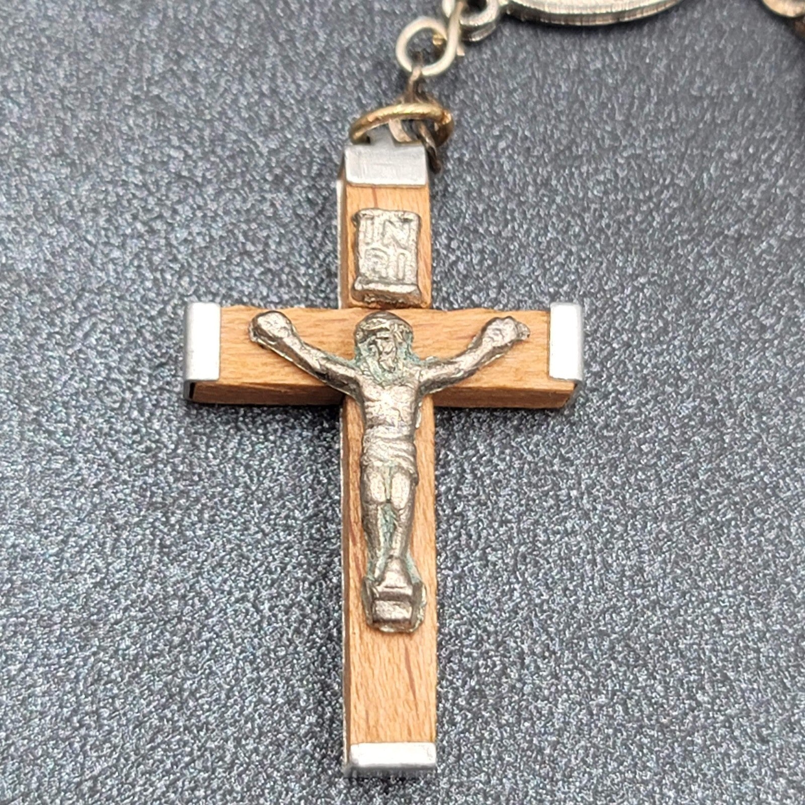 Rosary Bracelet Wood Beads Catholic Religious 8" Silver tone Metal